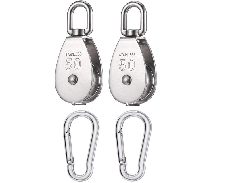 Vleant 2Pcs M50 Single Stainless Steel Pulley Block with Spring Snap Hooks 304 Stainless Steel Single Pulley Block Wheel Swivel Rigging Lifting Wheel Fixed Pulley for Wire Rope Loading 881 lbs/400kg - Image 1